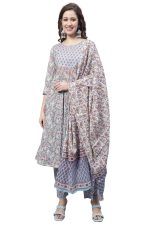 Monira Women's Pure Cambric Cotton Jaipuri Floral Printed Anarkali Kurta Set with Dupatta (Ready to Wear; Blue)