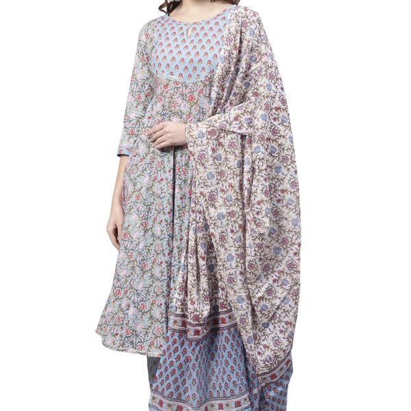 Monira Women's Pure Cambric Cotton Jaipuri Floral Printed Anarkali Kurta Set with Dupatta (Ready to Wear; Blue)