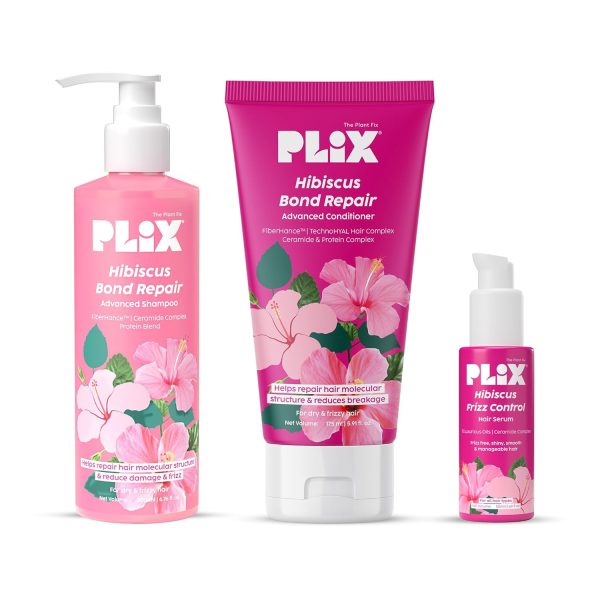 PLIX - THE PLANT FIX Hibiscus Frizz Control Hair Serum 50ml + Bond Repair Shampoo 200ml + Conditioner 175ml | Protects & Smoothes Frizzy Hair| 3x Strength with Fiberhance