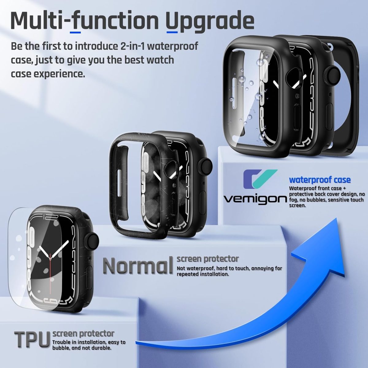 Vemigon Waterproof Case for Apple Watch Series 6 5 4 SE/SE2 with Tempered Glass Screen Protector 44mm, Full Coverage Hard PC Bumper Back Frame, Protective Cover for iWatch - (44mm Black) - Image 2