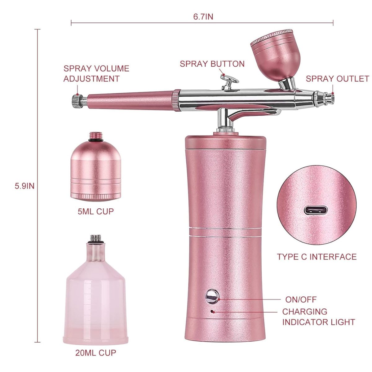 Bolt bee Airbrush Set, Professional Facial Makeup Airbrush Gun Kit USB Rechargeable Air Brush Pen for Makeup Skin SPA Art Nail Painting Tattoo Manicure Cakes DIY, with 3 Capacity Cups - Image 2