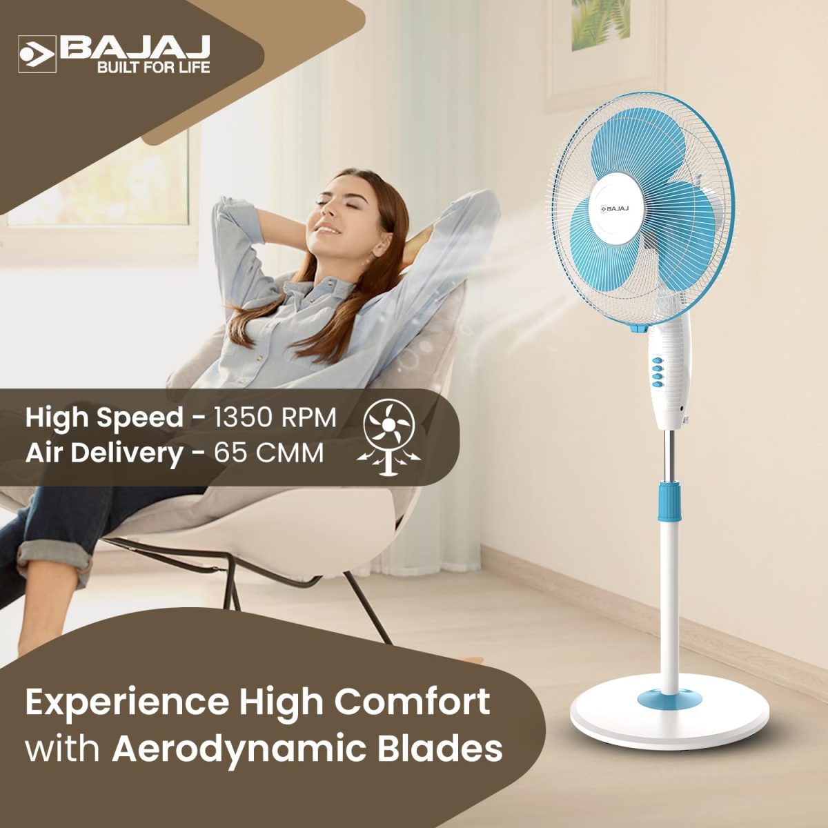 Bajaj Frore Neo 400 MM Oscillating Pedestal Fan For Home | Aerodynamically Balanced Blades | 100% Copper Motor | High Air Delivery | 3-Speed Control | Rust Free | 2 Yrs Warranty 【Blue】 - Image 5