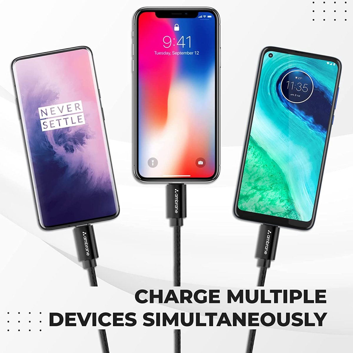Ambrane Unbreakable 3 in 1 USB Fast Charging USB Cable with Type C, Lightning, Micro USB Port with 2.1 A, Compatible with iPhone, iPad, Samsung, OnePlus, Mi, Oppo, Vivo, Xiaomi, 1.25M (Trio-11, Black) - Image 6