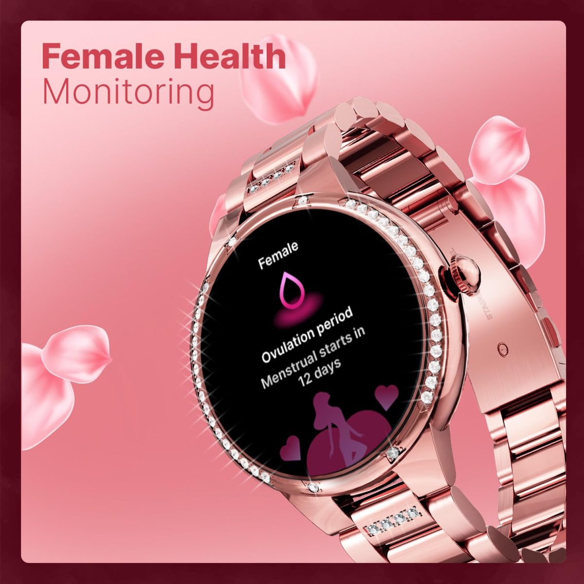 CrossBeats Diva 1.28” Stylish Smart Watch for Women with Stone Studded Bezel| Amoled Display | Female Health Tracker | 100+Sports Modes| Premium Metal Smartwatch with Wireless Charging - (Rose Gold) - Image 7