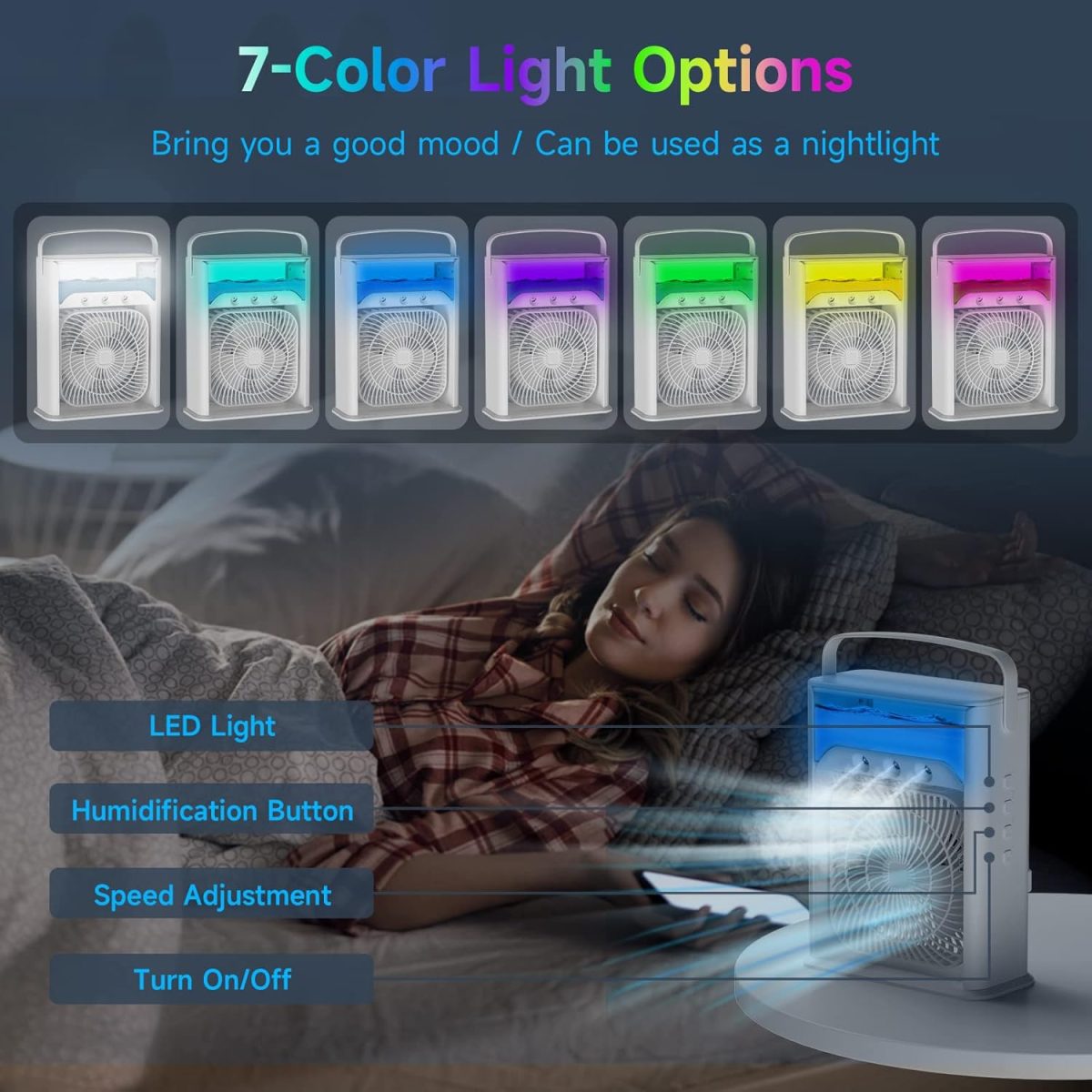 LQTTEK Portable Air Cooler 4-In-1 Mini Mobile Conditioner Fan, Cooling Fan And Humidifier, 7 Colors Led Night Lights With 3 Speeds Personal Evaporative Coolers, Conditioning For Home Office - Image 7