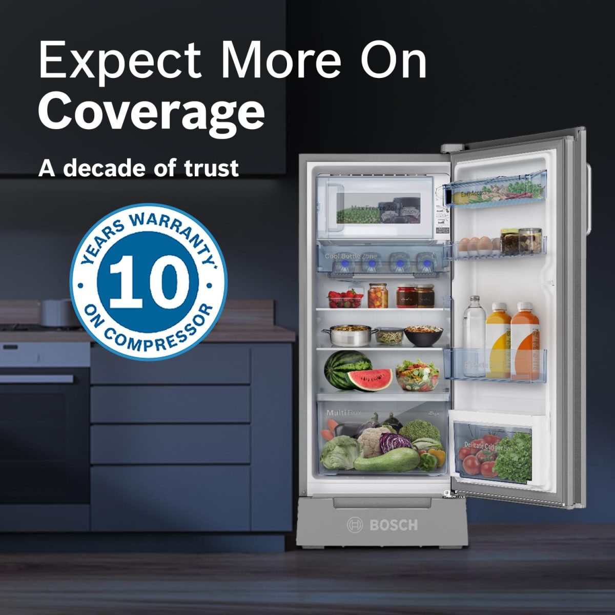 Bosch 187L 5 Star Inverter Direct-Cool Single Door Refrigerator (CST18S25PI, Fine Steel, Base Stand with Drawer & Saperator) - Image 15