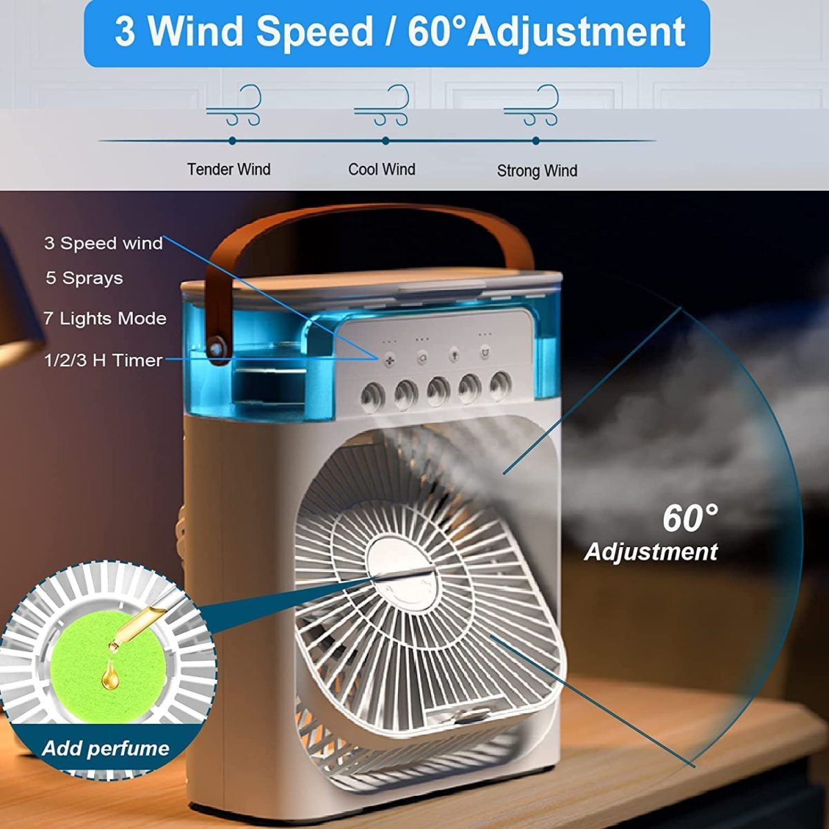 REIDEL Portable Air Cooler & Humidifier - Mini Cooler for Home, Office, Kitchen - 3 Speed Mode - Water Spray - 7 Color LED - Timer - USB Personal Cooler - Desk Fan - Image 5