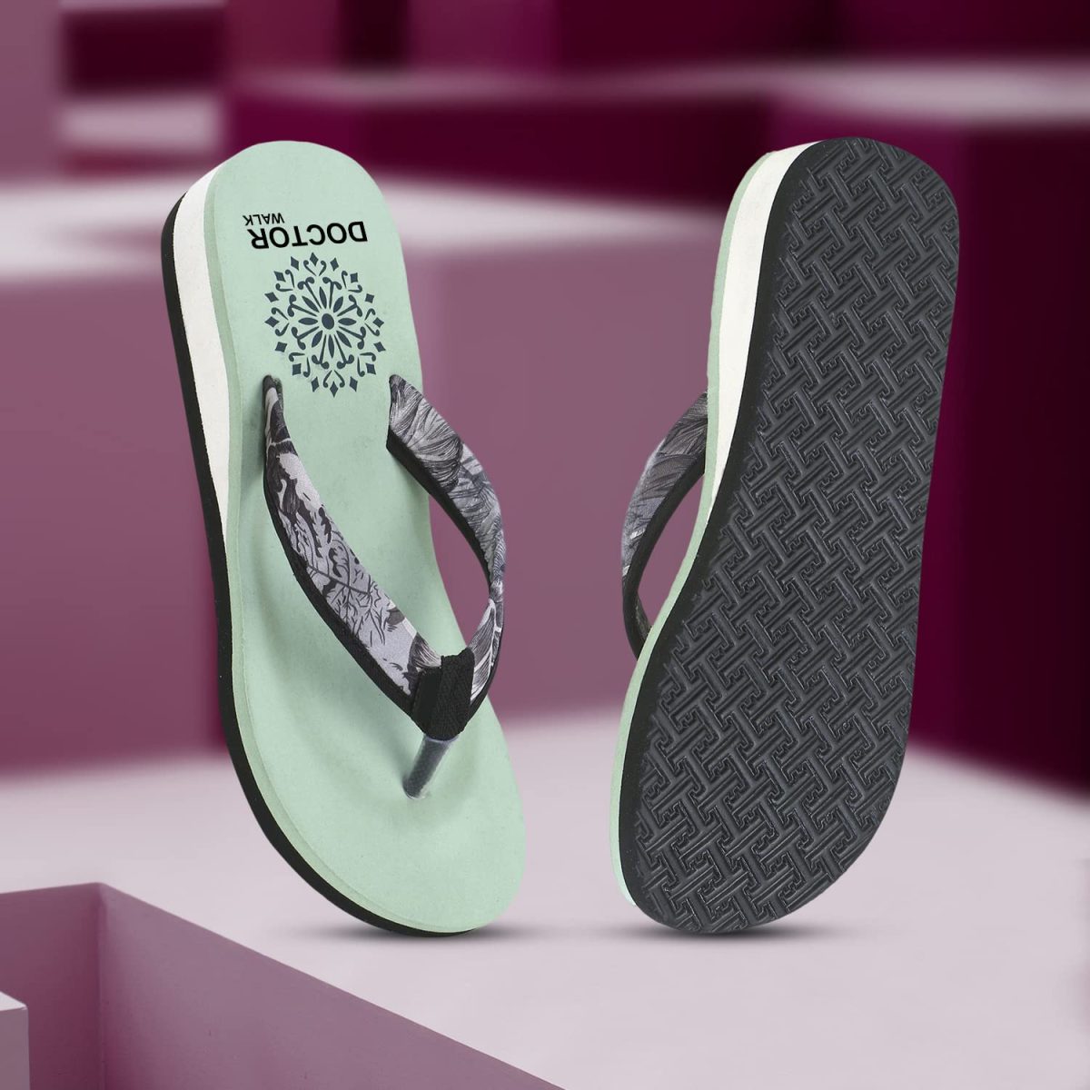 DOCTOR WALK Women's Floral Print Flip Flops, Mint Green, Comfort Platform Sandals - Image 3