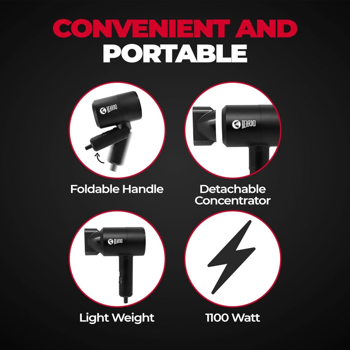 BEARDO Styling Gun Ultra Compact Hair Dryer | 1100 Watts Foldable Hair Dryer | 3 Heat 2 Speed Setting | Hair Dryer For Men | Travel Friendly | Stylish Matte Black Finish | Gift For Brother | Gift For Friends | Gift for Husband - Image 8