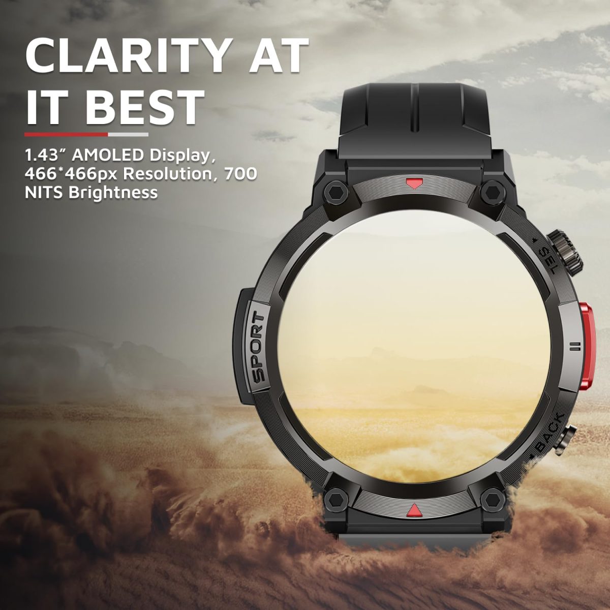 Cult Ranger XR1-1.43" AMOLED Display,Outdoor Rugged Smartwatch for Men, Bluetooth Calling, 8 Days Battery, Continous Heart Rate,100+ Sports Mode, Live Cricket Score, Built-in Flashlight, Free Strap - Image 3