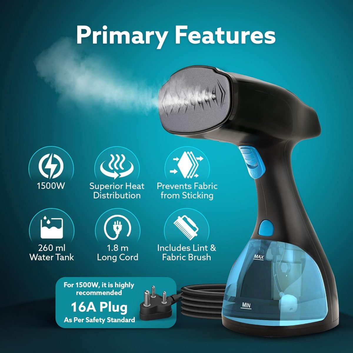 AGARO Signify Handheld Garment Steamer, Wrinkle Remover, Iron, Fast Heat, Ceramic Steam Nozzle, 1500W, 260 ML Water Tank, Detachable Fabric Brush - Image 2