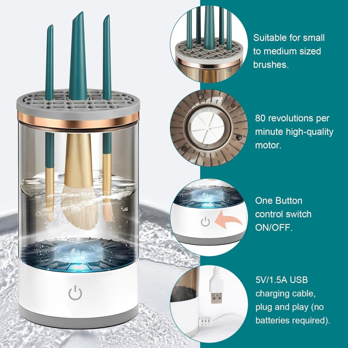 GIOGD Automatic Makeup Brush Cosmetic Brush Cleaner Spinning Blender Machine with USB Cable Brush Cleaner for All Size Makeup Brushes for Women Auto-rotating Brush Cleaner Deep Cleaning - Image 5