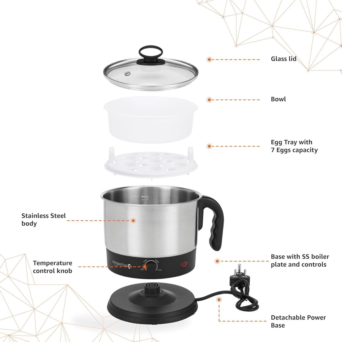 amazon basics Electric Multipurpose Kettle | for boiling Water, Eggs | Making Tea, Coffee| Stainless Steel Body with Automatic Shut-off | 18.3L x 15.7W x 19.1H cm | 1.2 L | 220 Volts | Silver, Black - Image 2