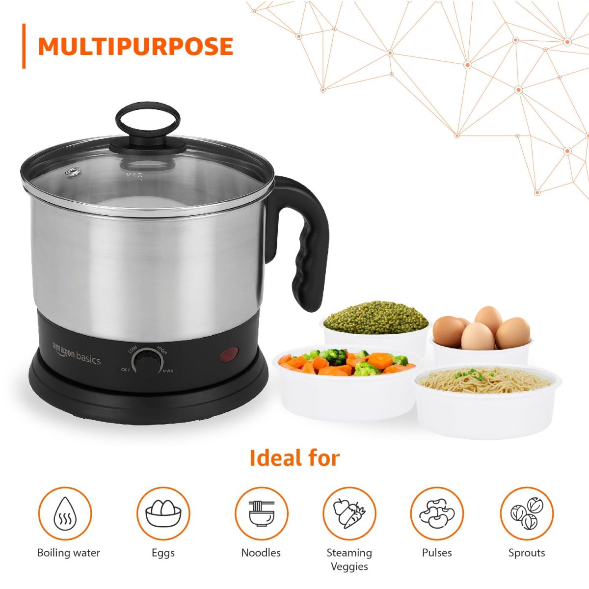 amazon basics Electric Multipurpose Kettle | for boiling Water, Eggs | Making Tea, Coffee| Stainless Steel Body with Automatic Shut-off | 18.3L x 15.7W x 19.1H cm | 1.2 L | 220 Volts | Silver, Black - Image 4