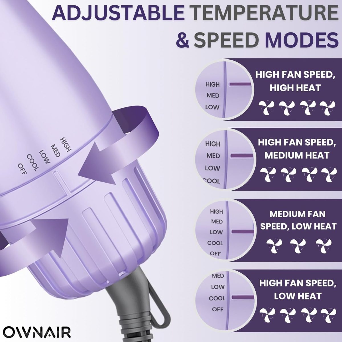 OWNAIR Pro Hair Dryer & Straightener, Hot Air Brush, 4 Heat & Speed Modes, Cool Shot, 1200 Watts, Purple - Image 3