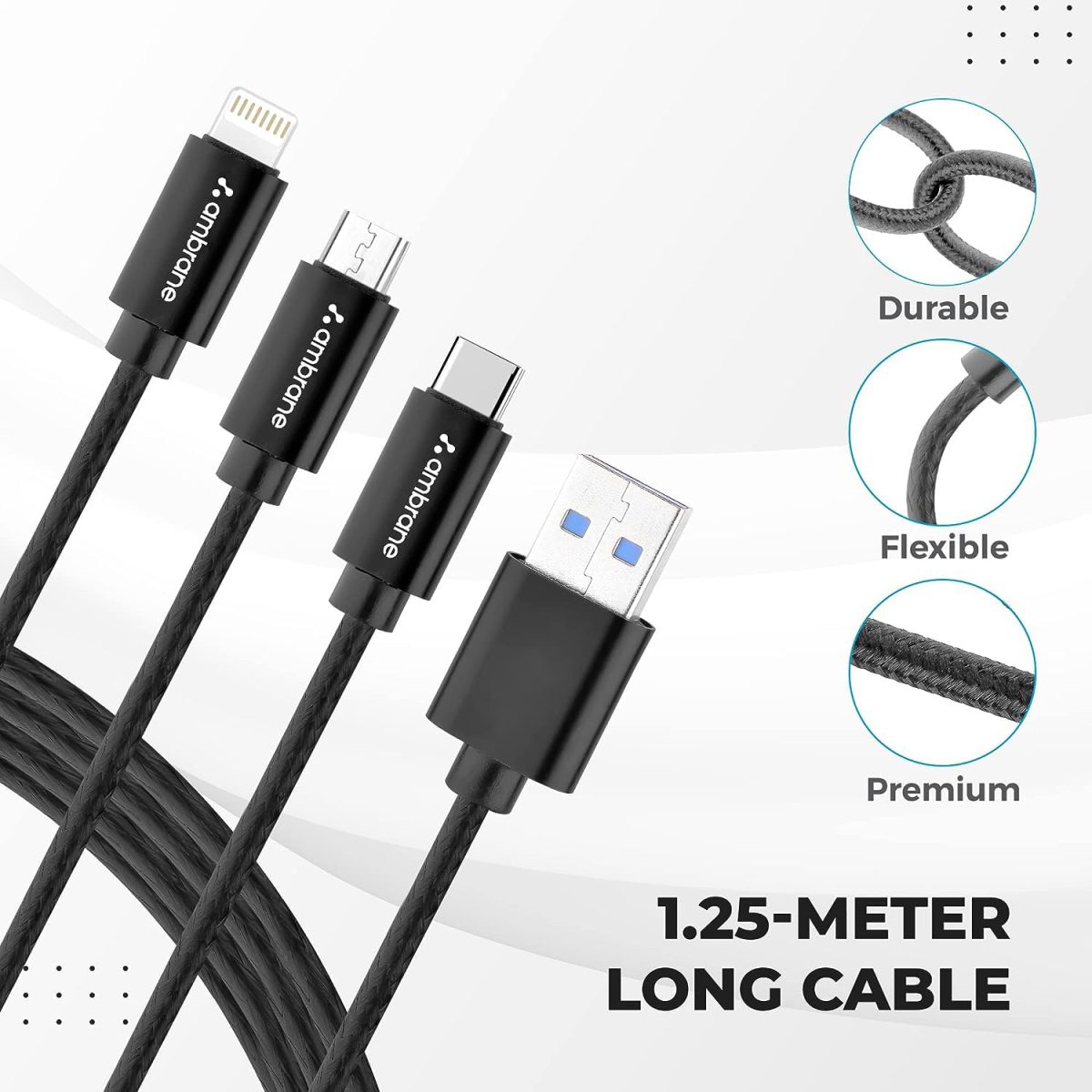 Ambrane Unbreakable 3 in 1 USB Fast Charging USB Cable with Type C, Lightning, Micro USB Port with 2.1 A, Compatible with iPhone, iPad, Samsung, OnePlus, Mi, Oppo, Vivo, Xiaomi, 1.25M (Trio-11, Black) - Image 7