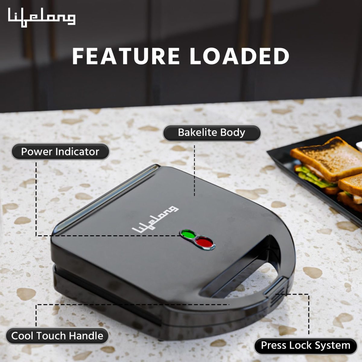 Lifelong Sandwich Griller 750 W, Classic Pro - Auto Cut off & Power Indicator | Sandwich Maker with 4 Slice Non-Stick | Fixed Plates for Sandwiches at Home with 1 Year Warranty (Black, LLSM120G) - Image 3