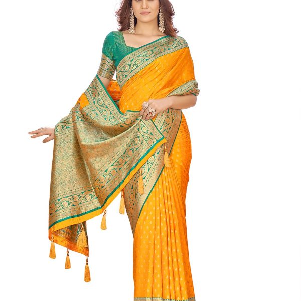 Mehrang Women's Pure Kanjivaram Silk Saree Banarasi Silk Wedding Sarees for Women with Blouse Piece