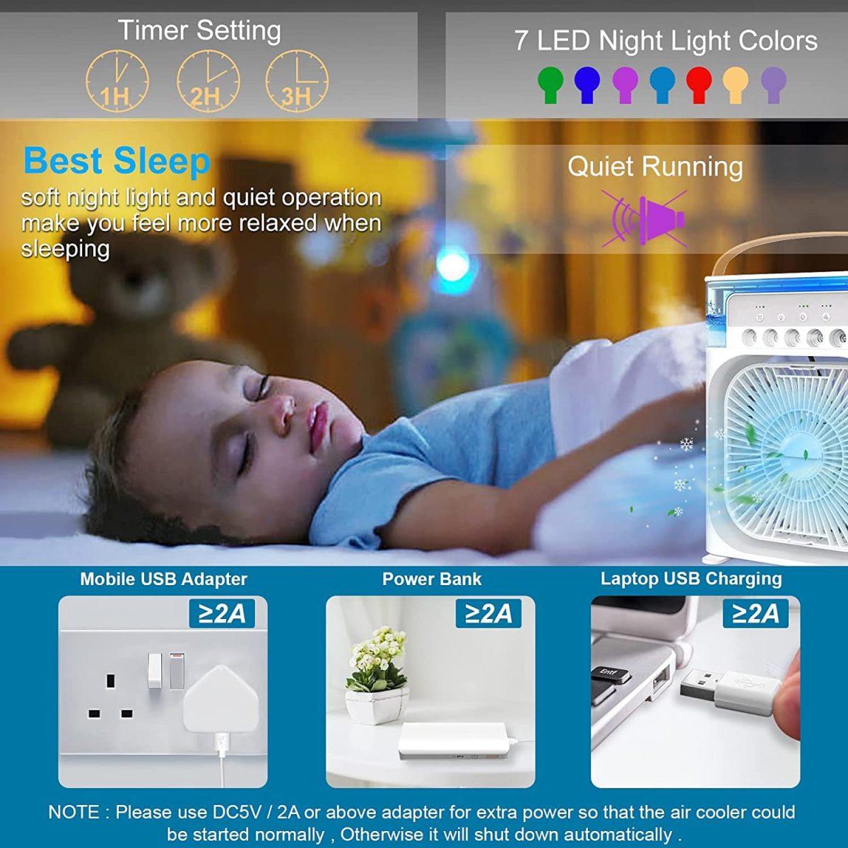 BM Ecom Traders Portable, 500 ml Water Tank USB Personal Cooler, Mini Humidifier Fan with 7 Colors LED Light, 3 Timer, Wind Speeds & Spray Modes for Office, Home - Image 4