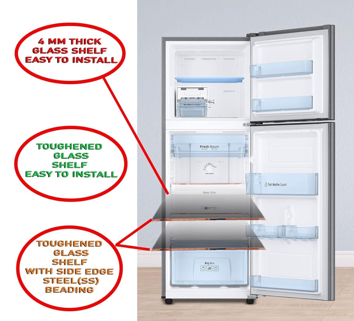TIKSHA ENTERPRISES TOUGHENED Glass (585=585) 400 MM Compatible for Samsung Double Door Fridge RT 45-47 with Yellow Gold Bidding - Image 5