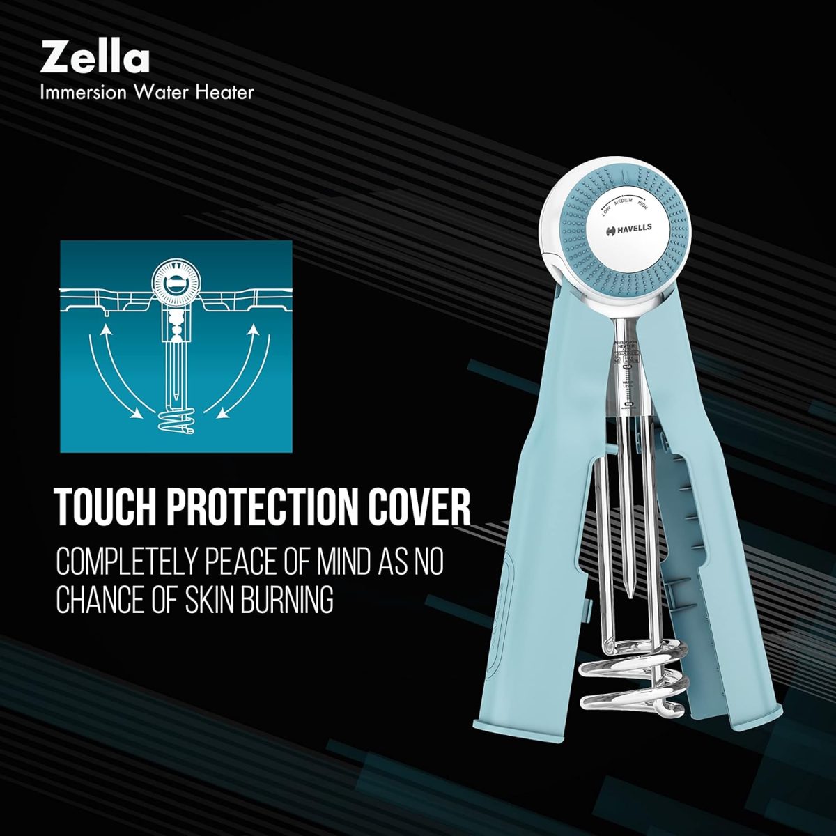 Havells Plastic Zella 1500 watts Immersion Heater|Automatic Cut-Off,Temp. Setting,Isi Mark 3 Pin Molded Plug|Protection Cover,Nickel Plating,Smart Switch For Safe Operation,Warranty: 2 Year|(Blue) - Image 4
