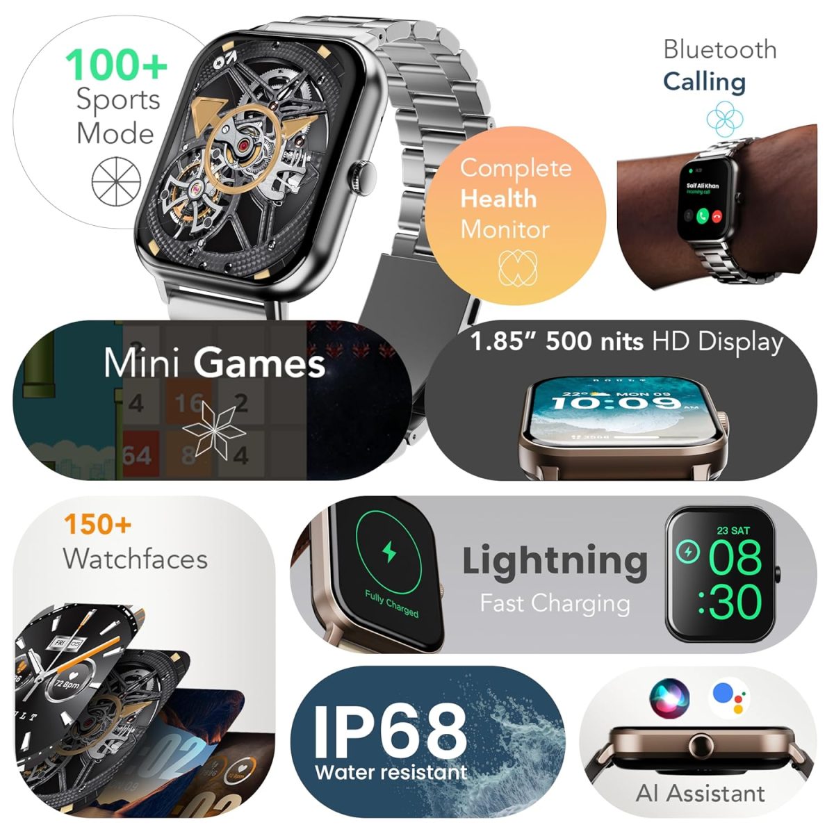 GOBOULT Drift+ Smart Watch 1.85''HD Screen, Bluetooth Calling, IP68, 500 Nits Brightness,150+ Watchfaces, AI Voice Assistant, SpO2 Monitoring, 100+ Sports Mode Smartwatch (Chrome) - Image 3