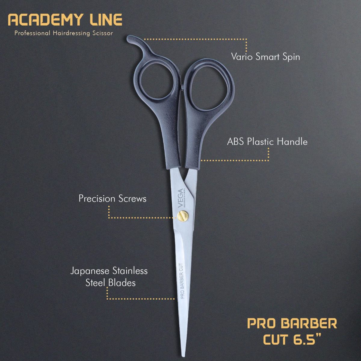 VEGA PROFESSIONAL Pro Barber Cut 6.5" Academy Line Hairdressing Scissor(Vpvsc-32), Multicolor - Image 2