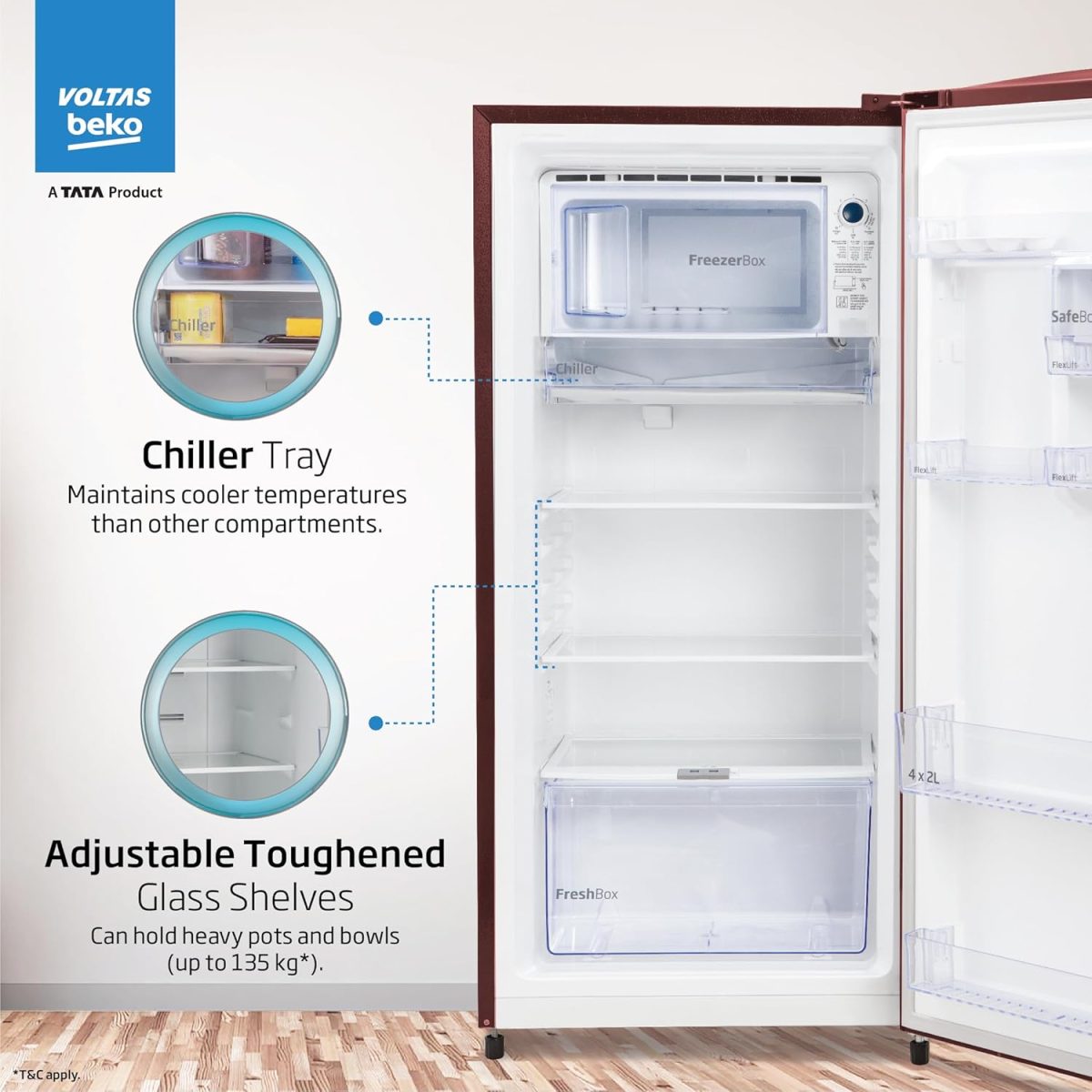 Voltas Beko ‘A Tata Product’ 210 L 3 star Made-in-India Direct cool Refrigerator (RDC245C / W0DWE0M000UGD, Dahlia Wine) - Image 7