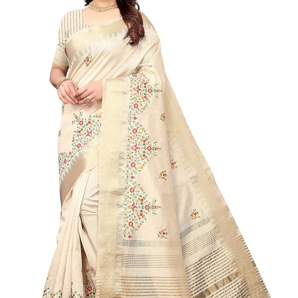 SERONA FABRICS Women's Assam Cotton Silk With Golden Border Thread Embroidered Work Saree With Blouse Piece
