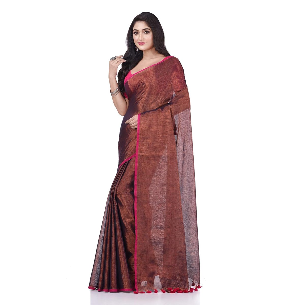 dB DESH BIDESH Women`s Bengal MayurKonthi Color Changer Tissue Pure Handloom Cotton Saree With Blouse Piece - Image 3