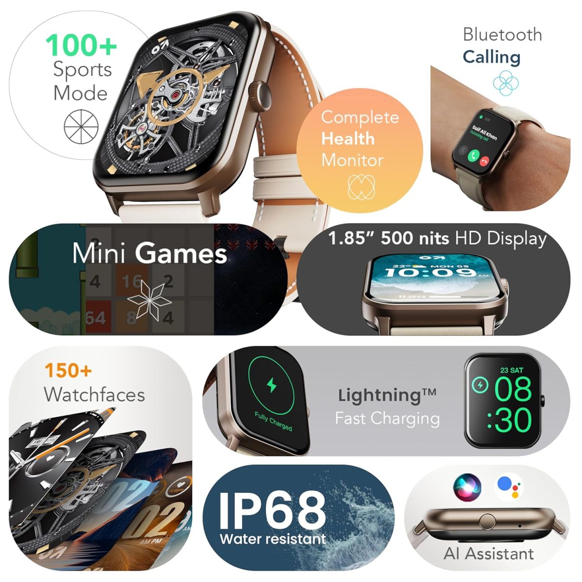 GOBOULT Drift+ Smart Watch 1.85''HD Screen, Bluetooth Calling, IP67, 500 Nits Brightness,150+ Watchfaces, AI Voice Assistant, SpO2 Monitoring, 100+ Sports Mode Smartwatch (Snow Leather) - Image 3