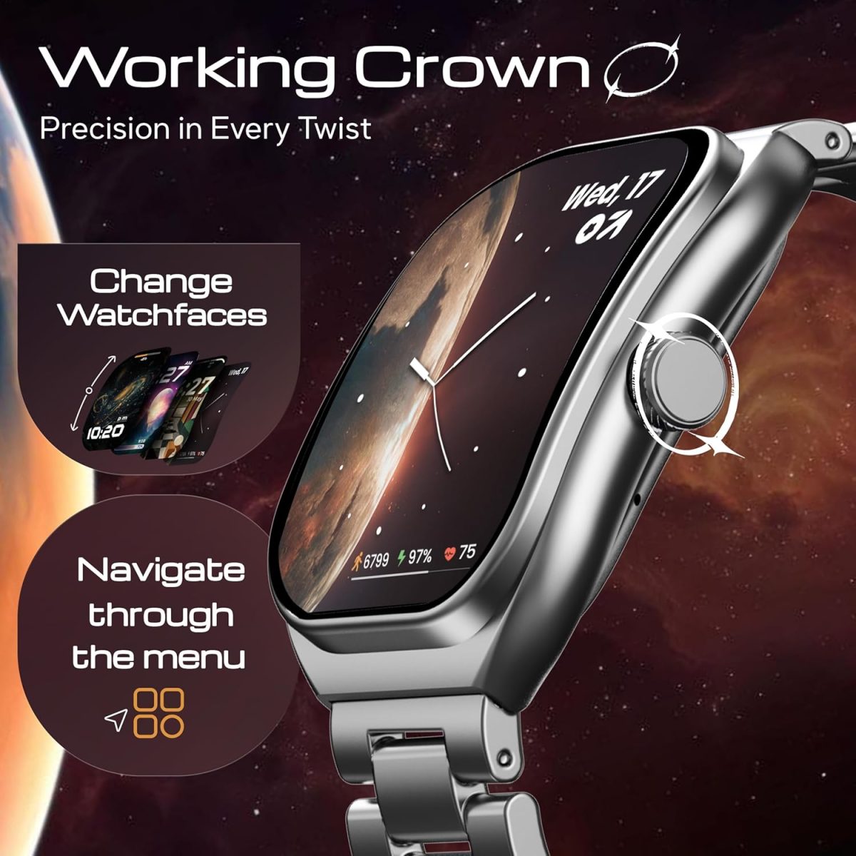 Boult Newly Launched Trail Pro Smartwatch 2.01'' 3D Curved Screen+AMOLED, BT Calling 5.3, 600 Nits Brightness, IP68, 250+ Watchfaces, 120+ Sports Modes, AI Voice Assistant, SpO2 Tracking (Chrome) - Image 5