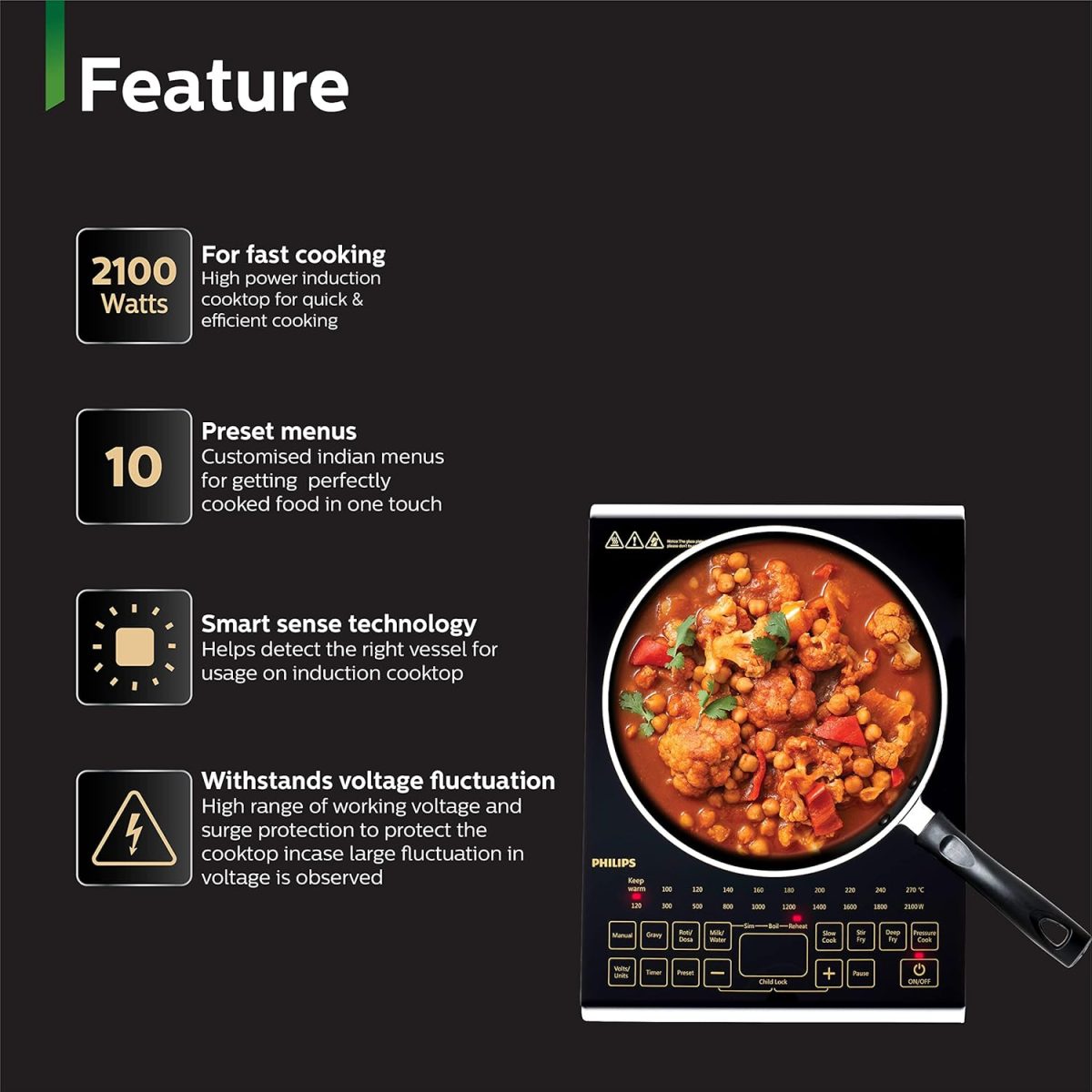 Philips Viva Collection Hd4938/01 2100-Watt Glass Induction Cooktop With Sensor Touch & Full Crystal Glass (Black) - Image 2