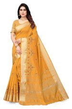 SERONA FABRICS Women's Assam Cotton Silk With Golden Border Thread Embroidered Work Saree With Blouse Piece