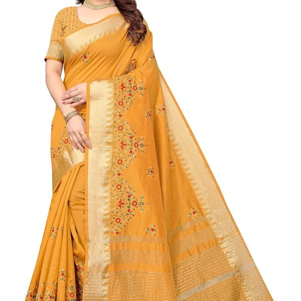 SERONA FABRICS Women's Assam Cotton Silk With Golden Border Thread Embroidered Work Saree With Blouse Piece