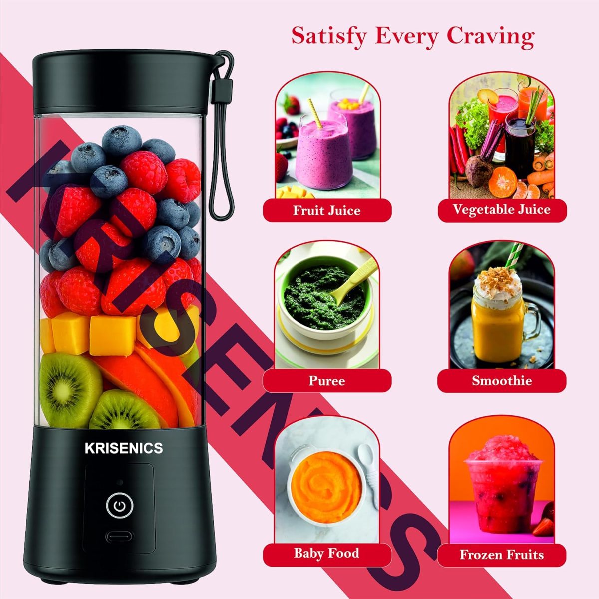 Portable 6-Blade Juicer Blender with built-in Jar,Juice Mixer Bottle,Fruit Juice Machine,USB Rechargeable Personal Size Juicer Grinder for Juices,appliance for Protein&Milk Shakes (Black, 380ML) - Image 2