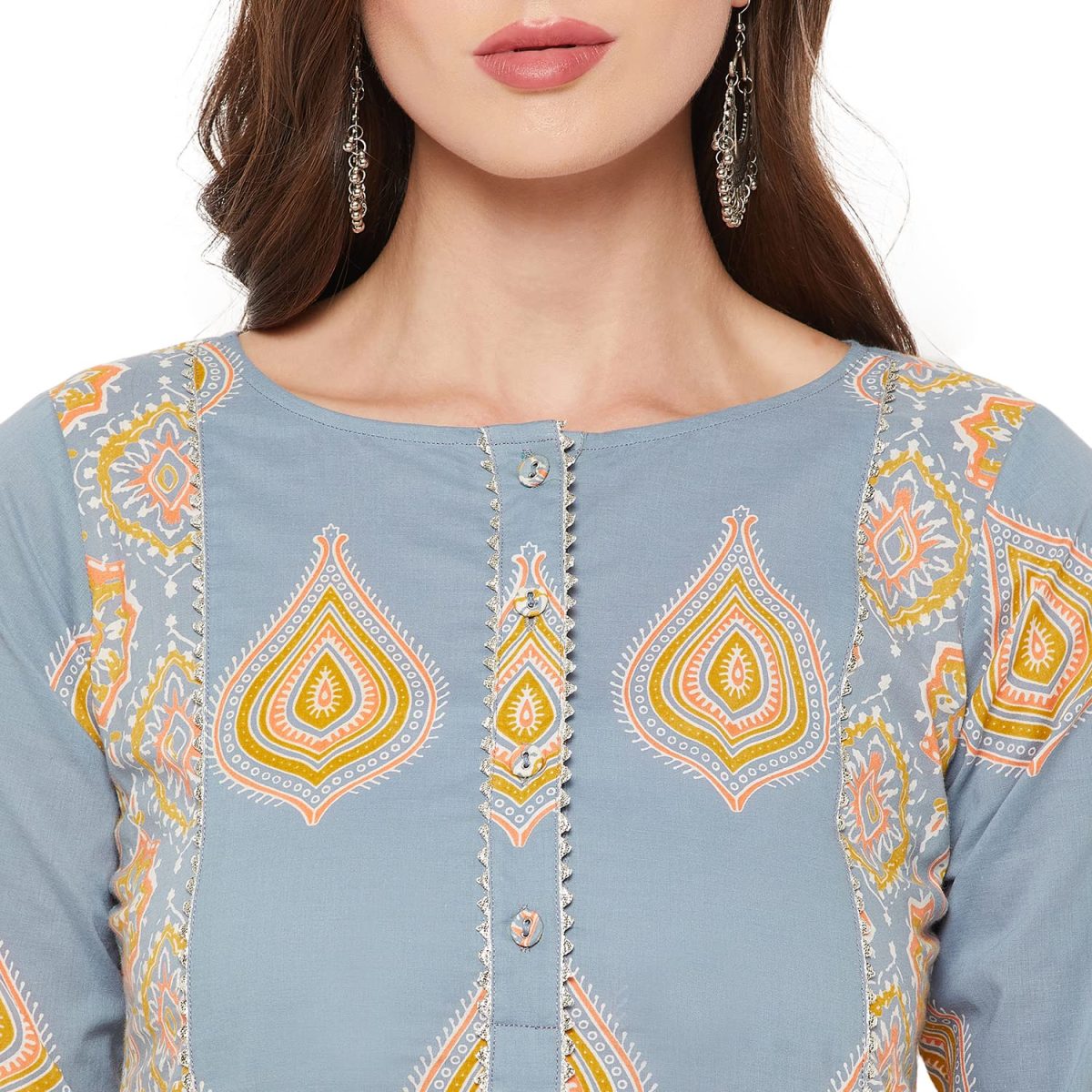 Tissu Women's Cotton Grey & Yellow Printed Kurta with Palazzo - Image 6