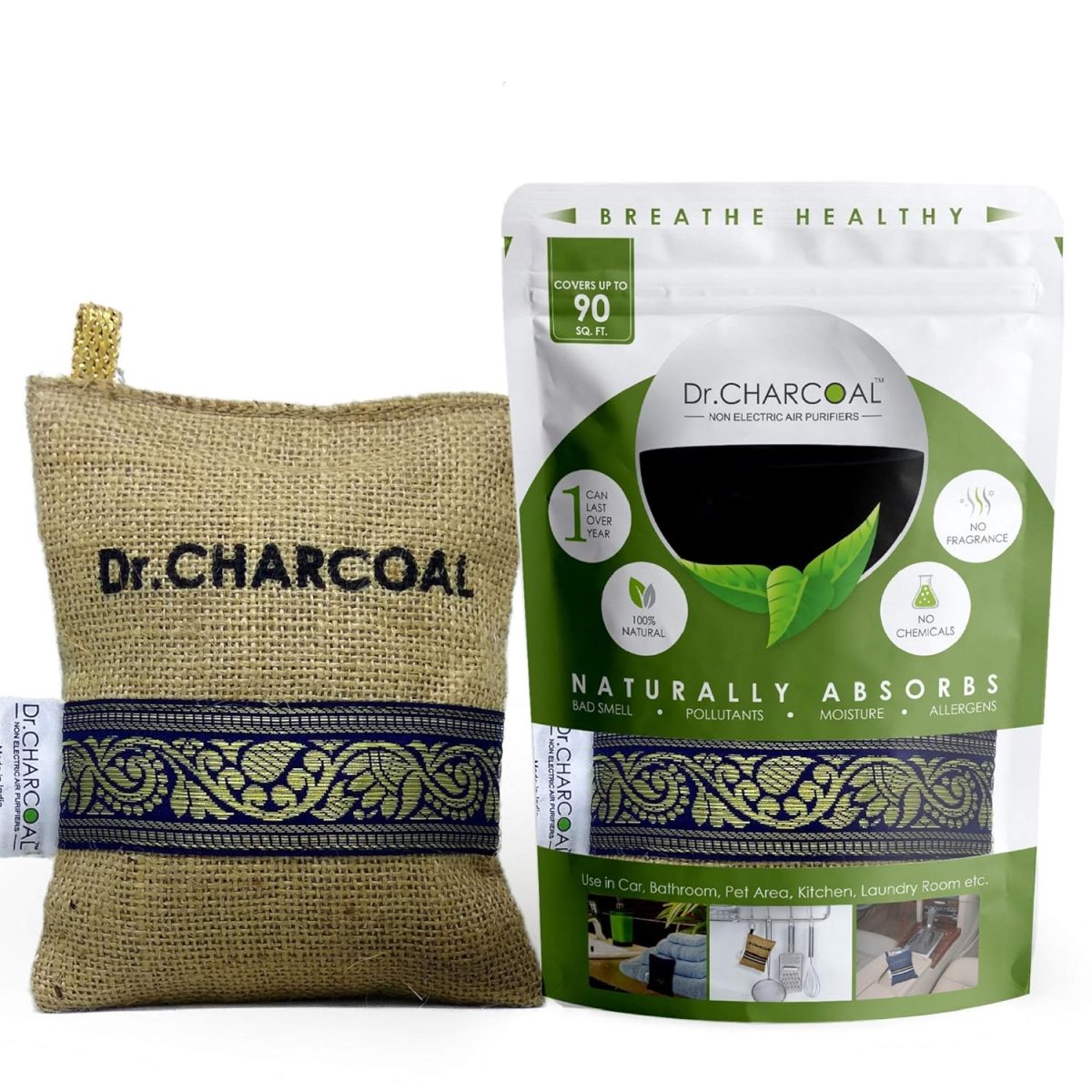 Dr. CHARCOAL Activated Carbon Air Purifier Bag to remove Odor and Moisture from Car, Bathroom and Kitchen - 200 Grams (Classic Khaki)