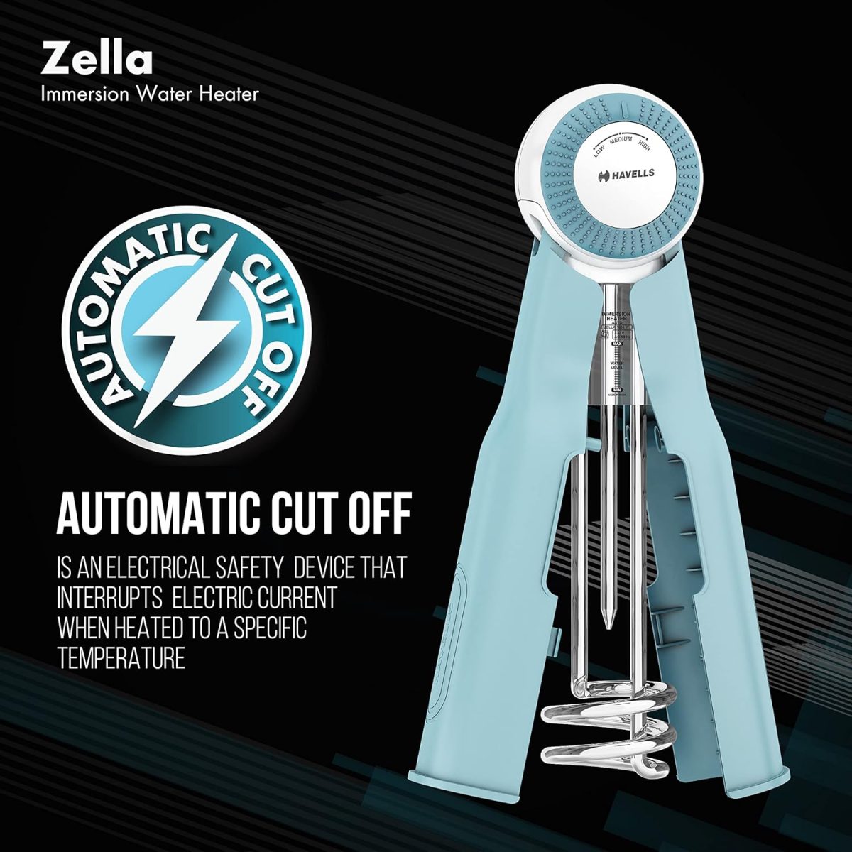 Havells Plastic Zella 1500 watts Immersion Heater|Automatic Cut-Off,Temp. Setting,Isi Mark 3 Pin Molded Plug|Protection Cover,Nickel Plating,Smart Switch For Safe Operation,Warranty: 2 Year|(Blue) - Image 5