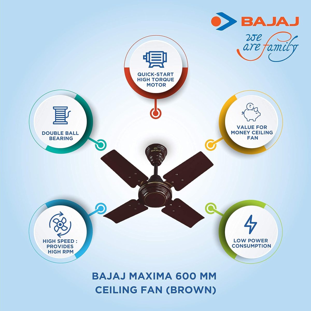 Bajaj Maxima 600 MM Ceiling Fan | High Speed | Double Ball Bearing | Quick-start High Torque Motor | 2-Yr Warranty 【Brown】 - Image 3