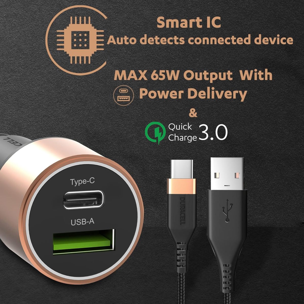 Duracell 65W Fast Car Charger Adapter with Dual Output. Quick Charge, Type C PD 45W & Qualcomm Certified 3.0 20W, Compatible for iPhone, All Smartphones, Tablets & More (Copper & Black) - Image 5
