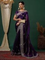 Satrani Women's Tissue Silk Sequence Embroidery Work Scalloped Border Saree with Unstitched Blouse Piece - Image 2
