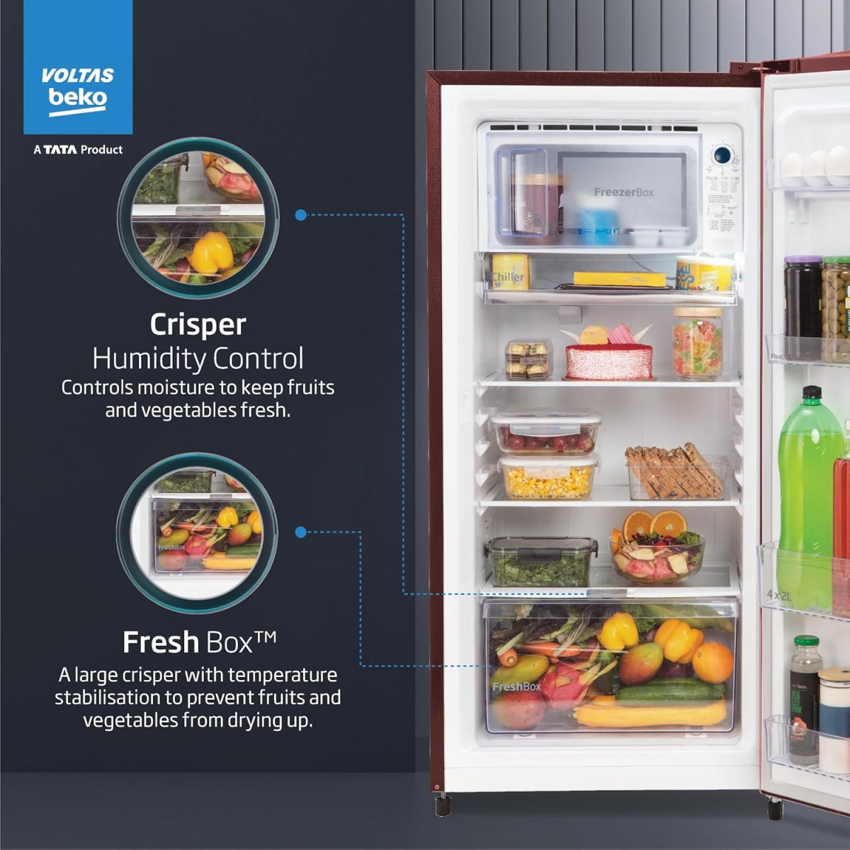 Voltas Beko ‘A Tata Product’ 210 L 3 star Made-in-India Direct cool Refrigerator (RDC245C / W0DWE0M000UGD, Dahlia Wine) - Image 4