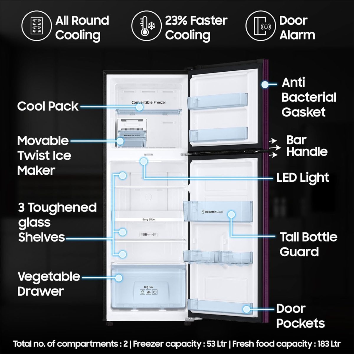 Samsung 236 L, 2 Star, Convertible, Digital Inverter with Display Frost Free Double Door Refrigerator (RT28C3922CR/HL, Red, Camellia Purple) - Image 3