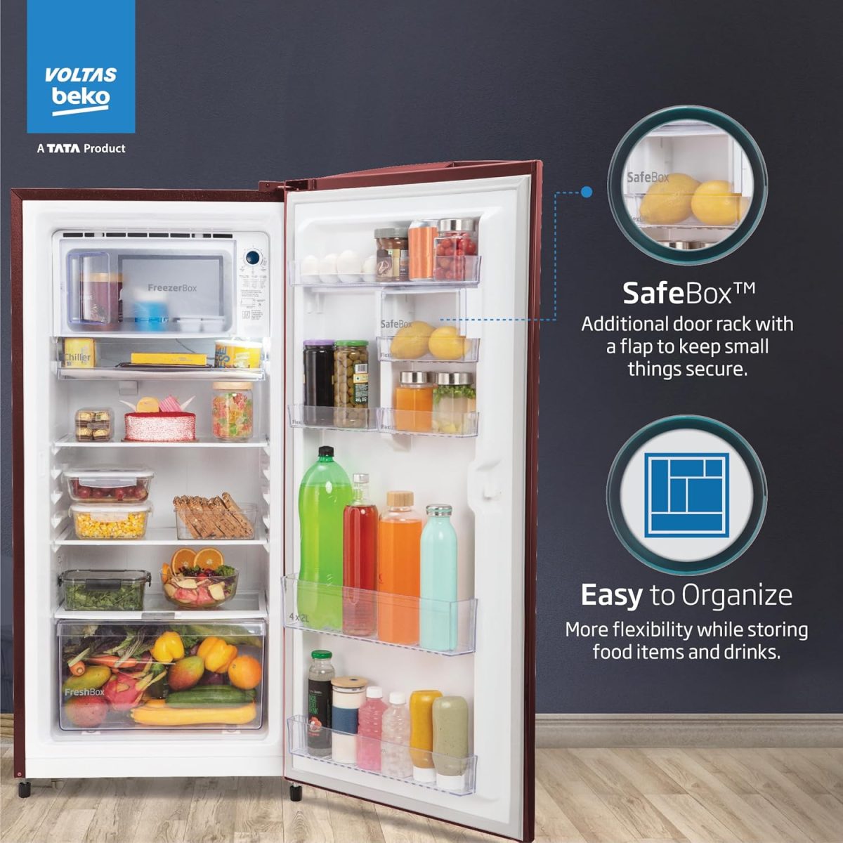 Voltas Beko ‘A Tata Product’ 210 L 3 star Made-in-India Direct cool Refrigerator (RDC245C / W0DWE0M000UGD, Dahlia Wine) - Image 6