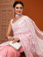 AKHILAM Women's Botanical Embroidered Designer Organza Saree With Unstitched Blouse Piece (7KAVI701) - Image 2