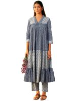 Arangya Ethnic Indigo Blue Pure Cotton Tiered Kurta Set with Comfortable Pure Cotton Straight Pants l Regular Wear l Outdoor Wear