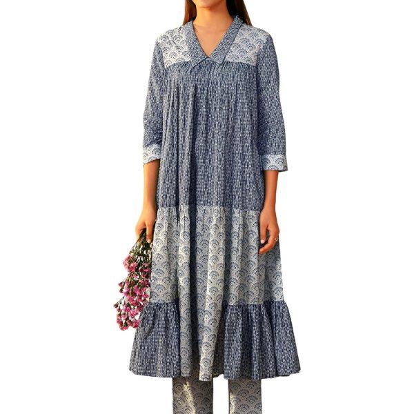 Arangya Ethnic Indigo Blue Pure Cotton Tiered Kurta Set with Comfortable Pure Cotton Straight Pants l Regular Wear l Outdoor Wear