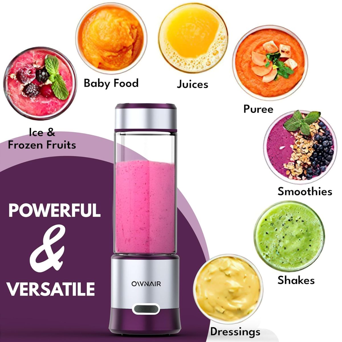 OWNAIR Portable Blender For Smoothie & Juices, Portable Juicer mixer grinder, baby food blender, Type C, 5000 mah battery, Smoothie maker blender, 450ml, Stainless Steel, 240 Watts, Grey - Image 3