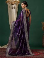 Satrani Women's Tissue Silk Sequence Embroidery Work Scalloped Border Saree with Unstitched Blouse Piece - Image 3